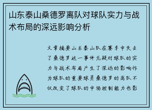 山东泰山桑德罗离队对球队实力与战术布局的深远影响分析